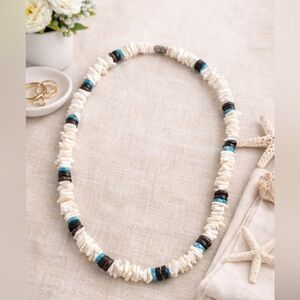 Boho White Puka Shell Necklace w/Turquoise and wood accent. Beach surfer 18”